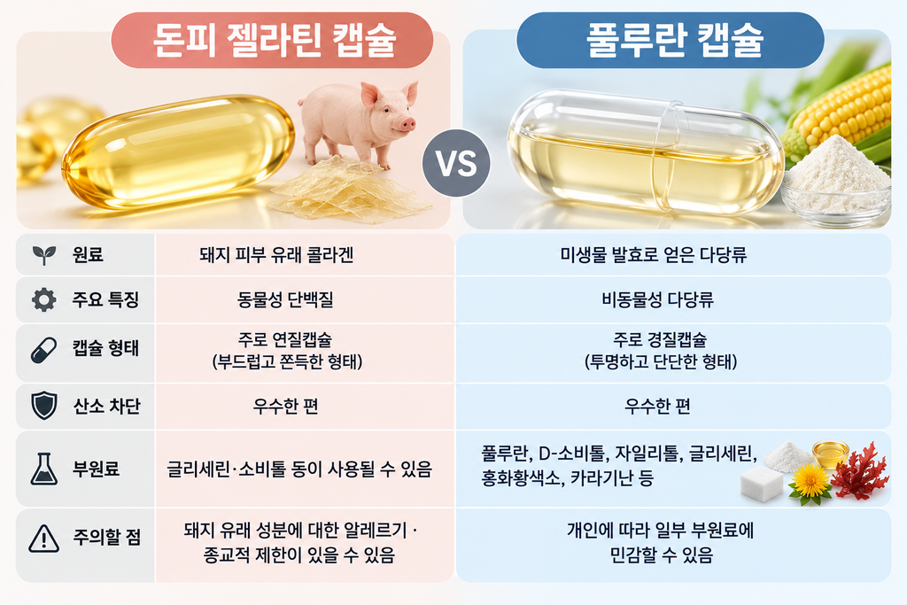 돈피 젤라틴과 풀루란 캡슐 비교 1